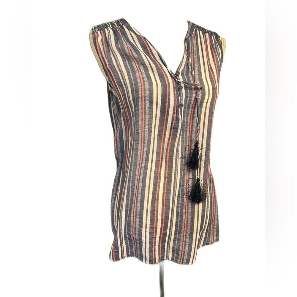 St. Johns Bay Womens‎ Large Sleeveless Stripe Tassel Top Red Blue White Boho